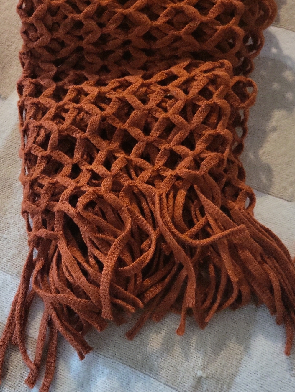 PRE-LOVED🤎 Pretty Woven Rust Orange Fall Scarf With Fringe Detail - Picture 2 of 2